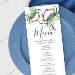 Tarjeta de menú acuático Blue Crab Coastal<br><div class="desc">Diseñado para coordinar con mi colección de cangrejos acuáticos costeros, este menú de cena puede ser personalizado con sus nombres y opciones de comida. La tarjeta se revierte a un color azul marino sólido. Perfecto para bodas náuticos y de playa. Para ver toda la suite de artículos de papelería del...</div>