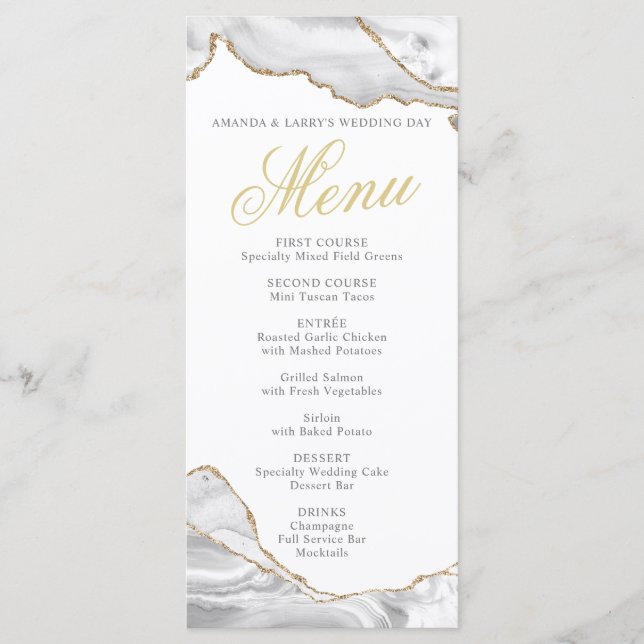 Tarjeta de menú Agate blanco y dorado (Anverso)