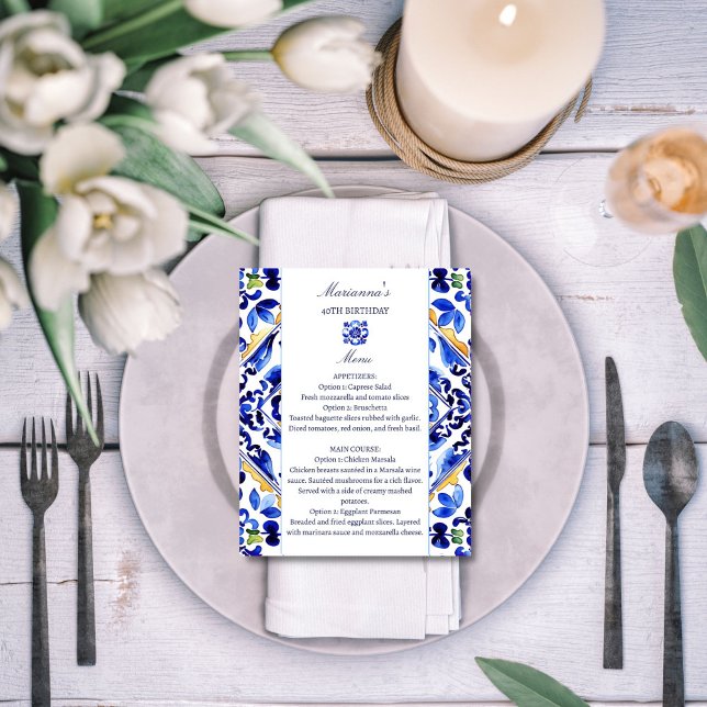 Tarjeta de menú Amalfi Vietri de azulejos azules i (Amalfi Vietri Italian blue tiles menu card Mediterranean themed party elegant menu card table decor)