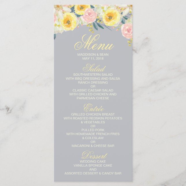 Tarjeta de menú amarillo floral y gris Boda (Anverso)