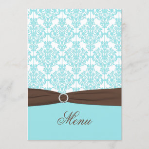 Tarjeta de menú Aqua Blue, Brown, White Damask