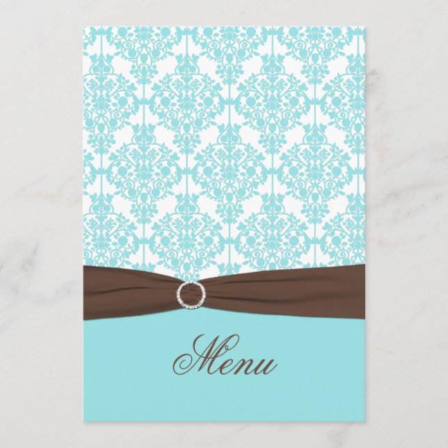 Tarjeta de menú Aqua Blue, Brown, White Damask (Anverso)