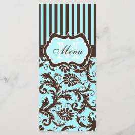 Tarjeta de menú Aqua, Brown, White Strike Damask