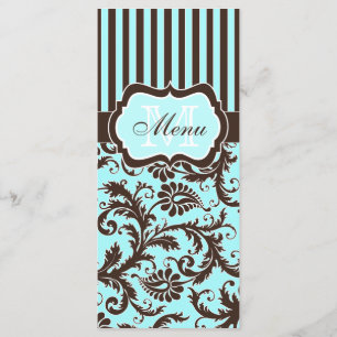 Tarjeta de menú Aqua, Brown, White Strike Damask