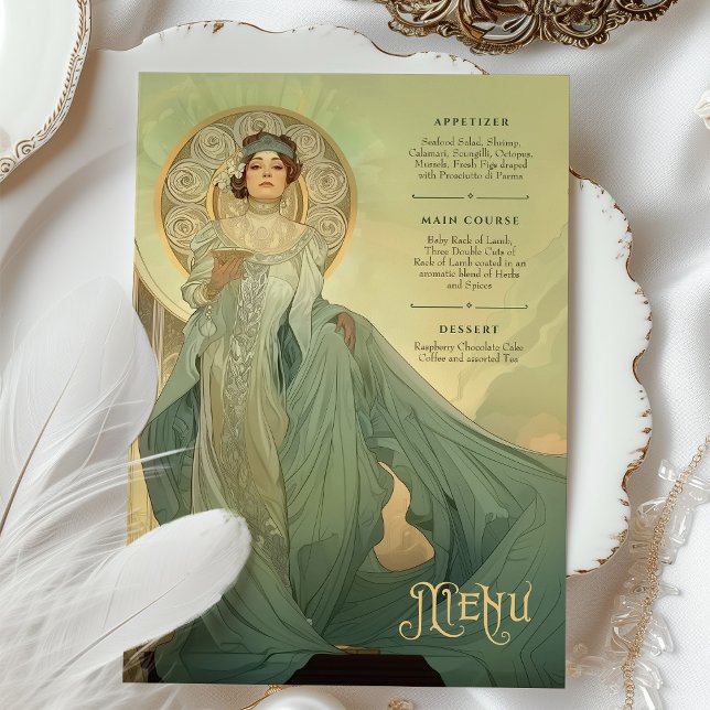 Tarjeta de menú Aqua Gold Art Nouveau para Bodas (Subido por el creador)