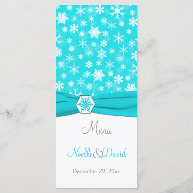 Tarjeta de menú Aqua, White, Gray Snflakes (Anverso)