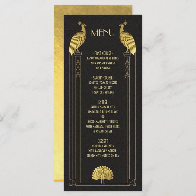 Tarjeta de menú Art Deco Gold y Black Peacock Boda (Anverso / Reverso)