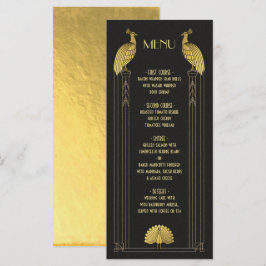 Tarjeta de menú Art Deco Gold y Black Peacock Boda