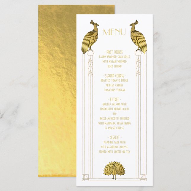 Tarjeta de menú Art Deco Gold y White Peacock Boda (Anverso / Reverso)