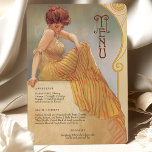 Tarjeta de menú Art Nouveau<br><div class="desc">Sumérjase en el encanto vintage con esta elegante carta de estilo Art Nouveau. Con una mujer elegante vestida con un traje de rayas amarillas, ambientado en un marco suave y dorado adornado con complejos remolinos, este diseño irradia sofisticación y calidez. El texto está muy bien diseñado para complementar la obra...</div>