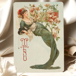 Tarjeta de menú Art Nouveau Floral Goddess<br><div class="desc">Esta magnífica carta de estilo Art Nouveau retoma la elegancia intemporal con un ilustracion floral de diosas inspirado en el arte vintage. En la parte delantera, una serena diosa adornada con flores vibrantes, en un marco de verde salvia y marfil, con acentos de coral, rojo rubí y verde bosque. El...</div>