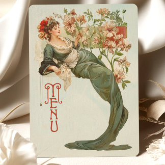 Tarjeta de menú Art Nouveau Floral Goddess