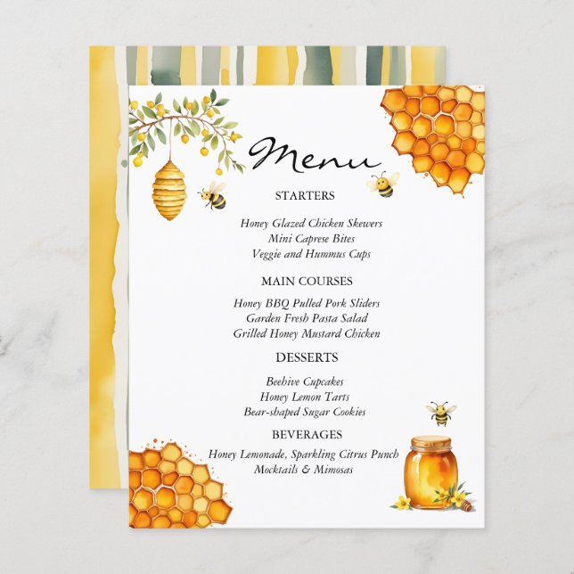 Tarjeta de menú Baby Shower Bee Honey Bear (Anverso / Reverso)
