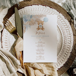 Tarjeta de menú Baby Shower Blue Boho Teddy Bear B