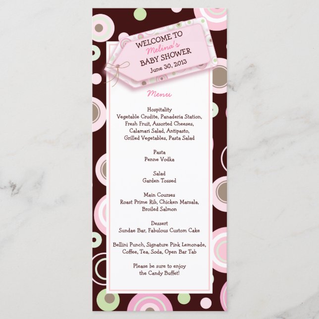 Tarjeta de menú Baby Shower de puntos rosas felice (Anverso)