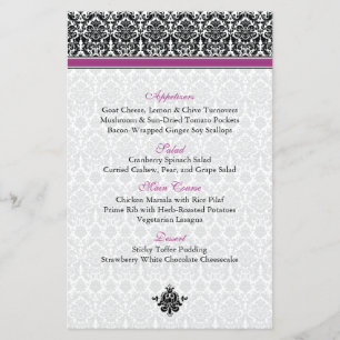 Tarjeta de menú Berry Purple, Black, White Damask