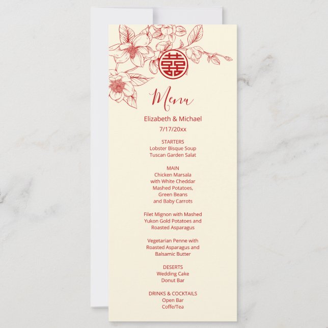 Tarjeta de menú BILINGUAL Magnolia para Bodas chin (Anverso)