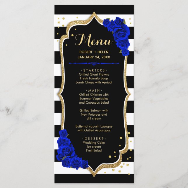 Tarjeta de menú Black Royal Blue Gold White (Anverso)