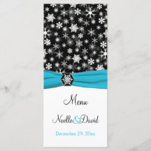 Tarjeta de menú Black, White, Aqua Snowflakes