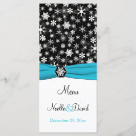 Tarjeta de menú Black, White, Aqua Snowflakes