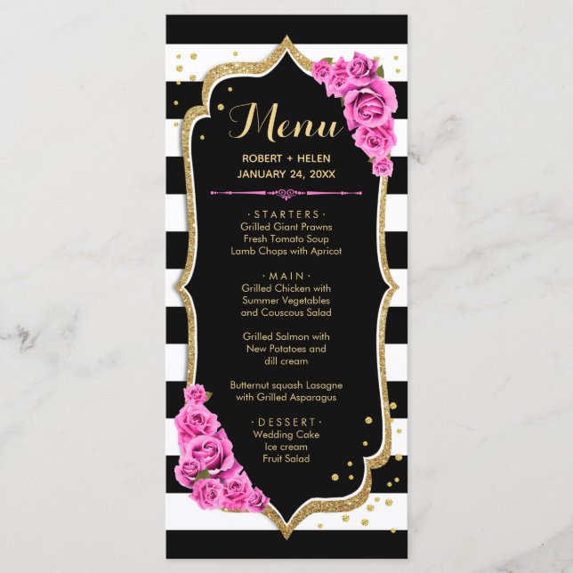 Tarjeta de menú Black White Pink Gold (Anverso)