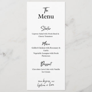 Tarjeta de menú blanca personalizada. Boda, fiesta