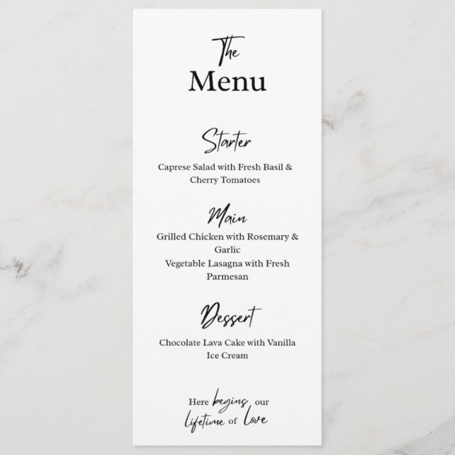 Tarjeta de menú blanca personalizada. Boda, fiesta (Anverso)
