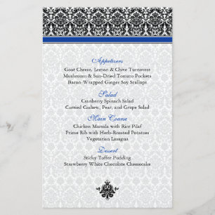 Tarjeta de menú Blue, Black, White Damask