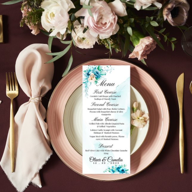 Tarjeta de menú Blue Floral Hawaii Boda (Subido por el creador)