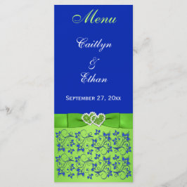 Tarjeta de menú Blue, Green Floral, Hearts