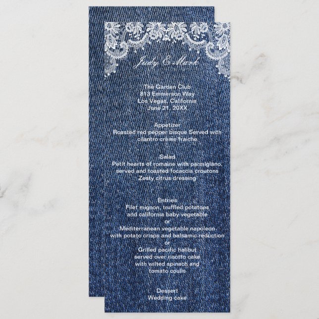 Tarjeta De Menú Blue Jean Denim And Lace Boda (Anverso / Reverso)