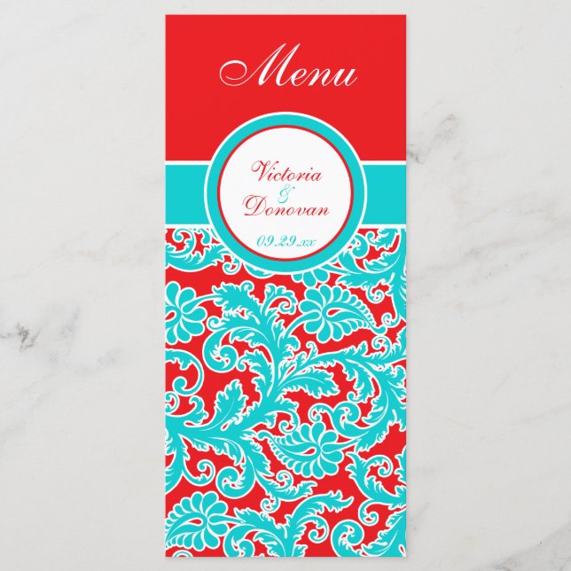 Tarjeta de menú Blue Red Floral Damask (Anverso)
