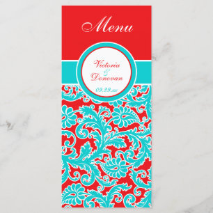 Tarjeta de menú Blue Red Floral Damask