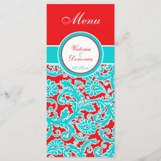 Tarjeta de menú Blue Red Floral Damask
