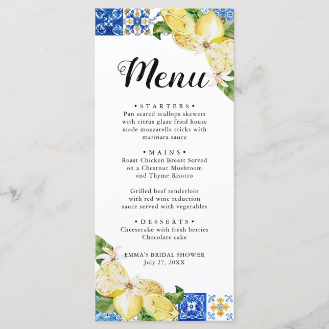 Tarjeta de menú Blue Tile Lemon Italiana Bridal Sh (Anverso)
