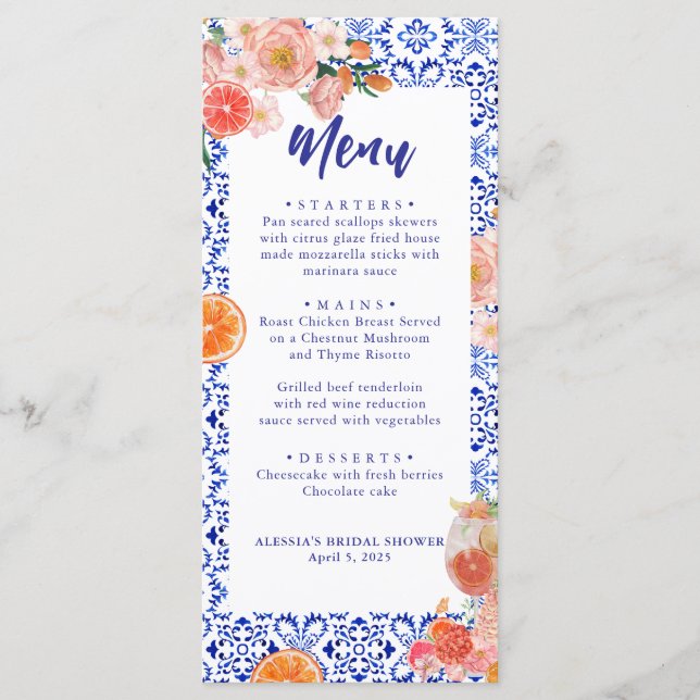 Tarjeta de menú Blue Tile Naranja Italiana Bridal  (Anverso)
