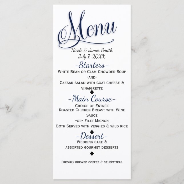 Tarjeta de menú Blue & White Simple Elegant Weddin (Anverso)