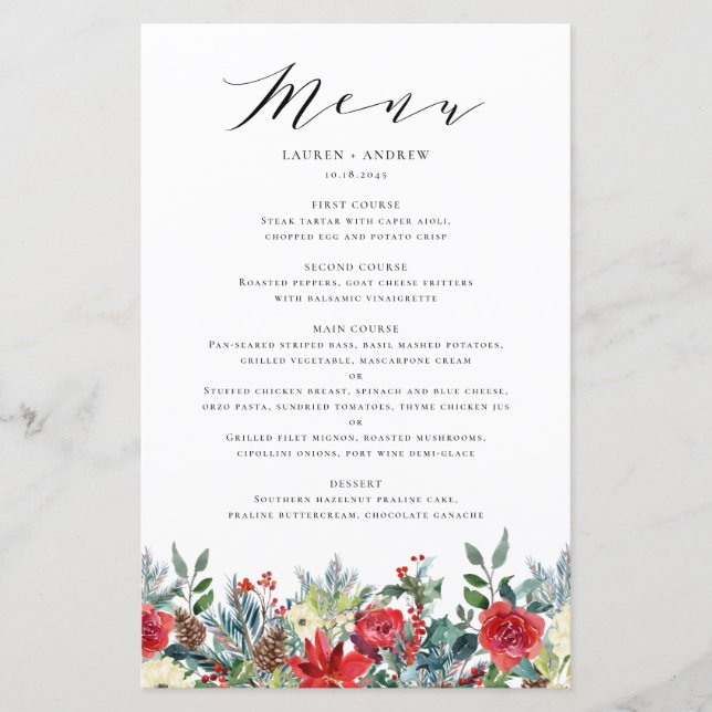 Tarjeta de menú Boda acuarela de invierno Blooms G (Anverso)