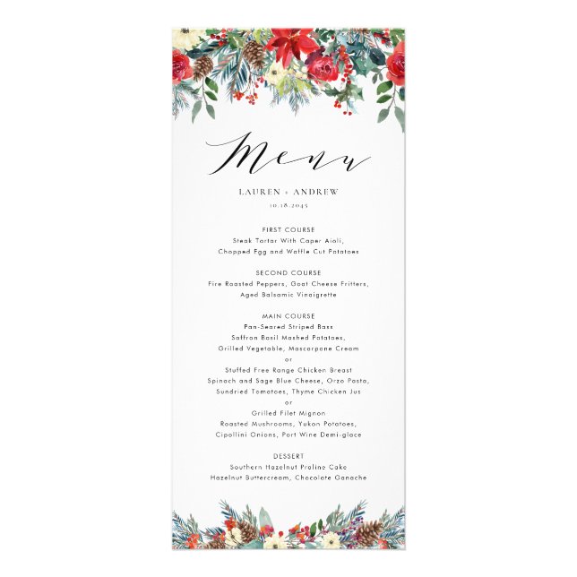 Tarjeta de menú Boda acuarela de invierno Blooms G (Frente)