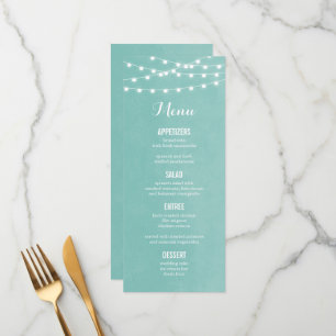 Tarjeta de menú Boda Aqua String Lights