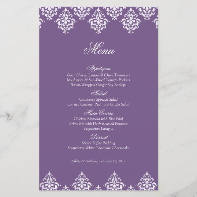 Tarjeta de menú Boda árabe morada blanca Damask (Anverso)