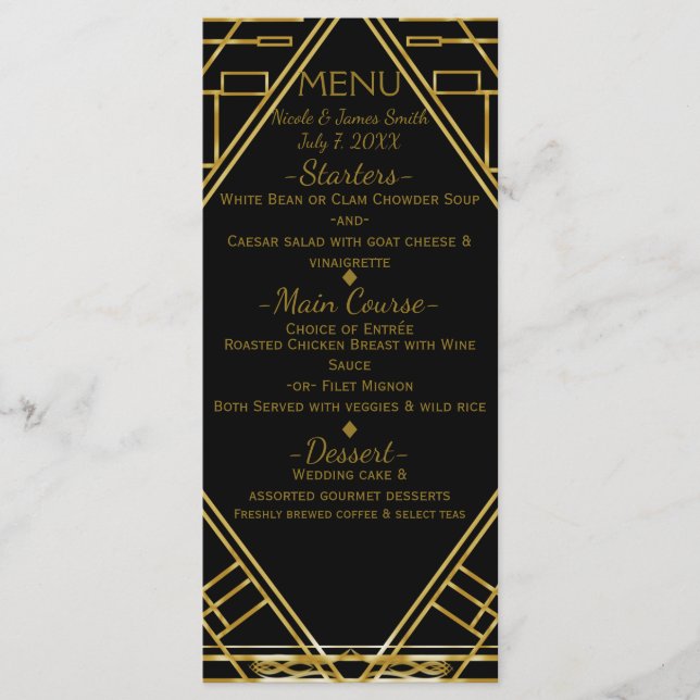 Tarjeta de menú Boda Art Deco Gold & Black Glamour (Anverso)