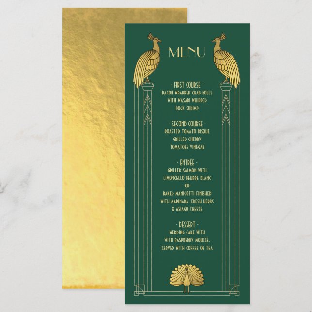 Tarjeta de menú Boda Art Deco Gold y Geen Peacock (Anverso / Reverso)
