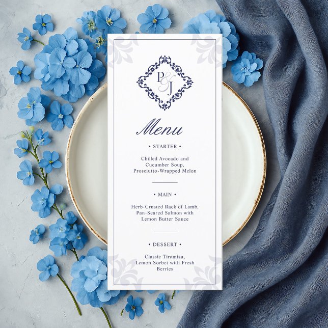 Tarjeta de menú Boda azul de la marina clásica (Subido por el creador)