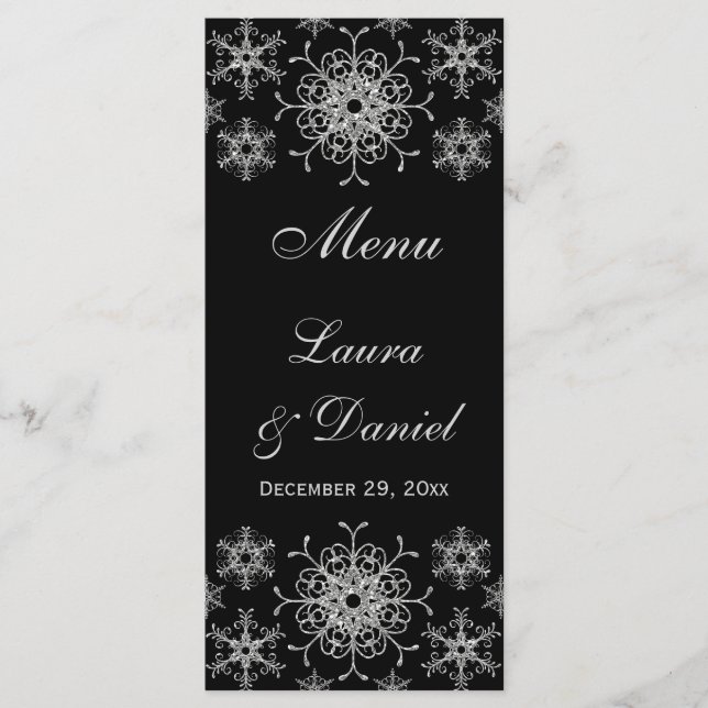 Tarjeta de menú Boda Black, Silver Purpurina Snowf (Anverso)