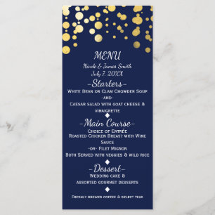 Tarjeta de menú Boda Blue & Faux Gold Modern Dots