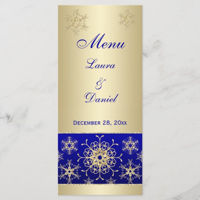 Tarjeta de menú Boda Blue, Gold Purpurina Snowflak (Anverso)