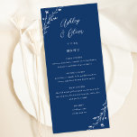 Tarjeta de menú Boda botánico azul de la Marina Ru<br><div class="desc">Este encantador menú de la recepción de bodas presenta un bonito fondo azul marino con flores silvestres dibujadas a mano y una elegante tipografía en blanco. Juntos, estos elementos crean un menú casero rústico y elegante, perfecto para un boda romántico en cualquier época del año. Este diseño se coordina con...</div>