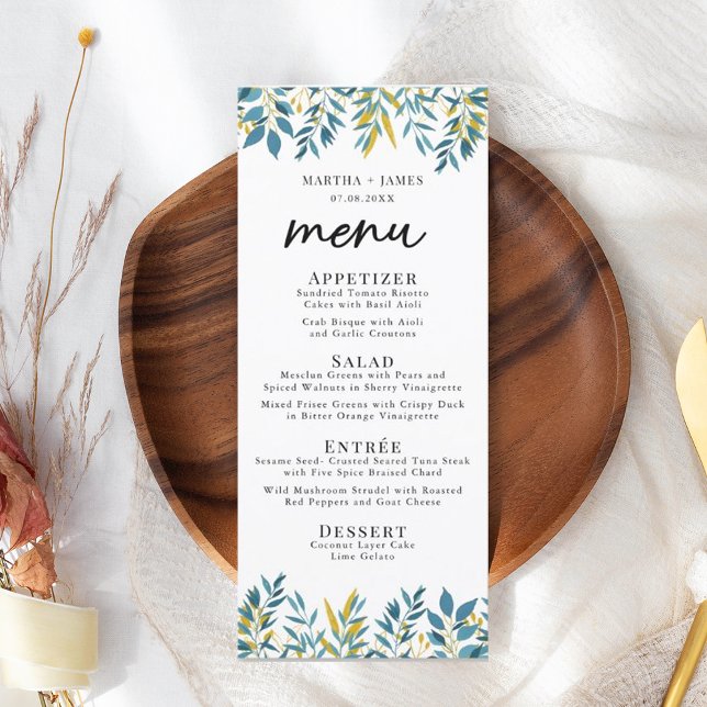Tarjeta de menú Boda botánico azul para la cena (Subido por el creador)