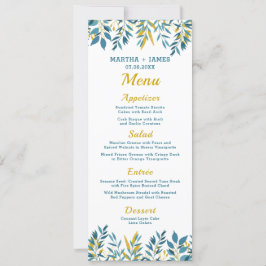 Tarjeta de menú Boda botánico azul para la cena